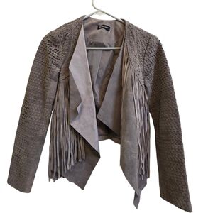 Vintage Bebe Leather Suede Fringe Tuxedo Jacket With Cutout Detail Gray Size XS